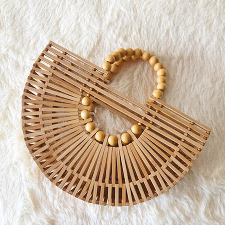 New Wooden Bead Handheld Woven Bag, Semi circular Hollow Bamboo Weaving Bag, Outdoor Beach Bag
