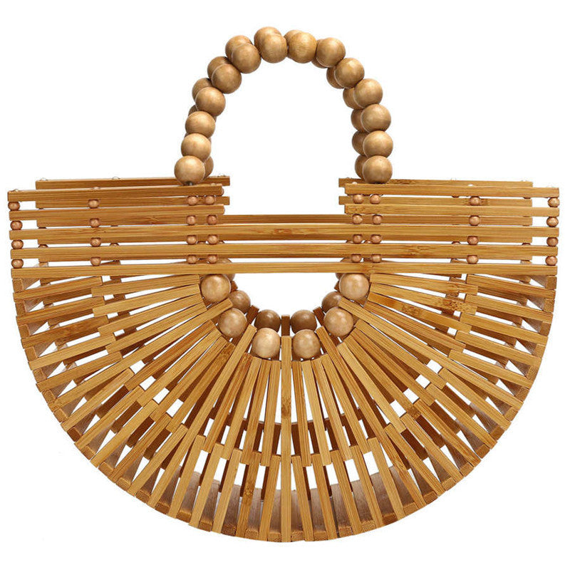 New Wooden Bead Handheld Woven Bag, Semi circular Hollow Bamboo Weaving Bag, Outdoor Beach Bag